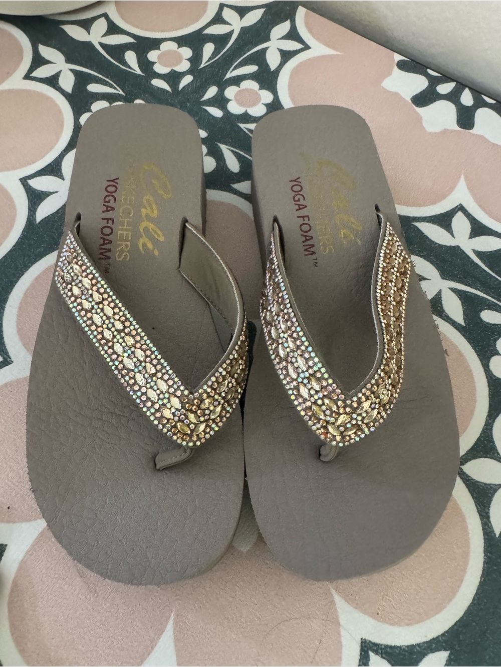 Skechers Taupe Flip Flop Sandals with Gold Crystal Straps